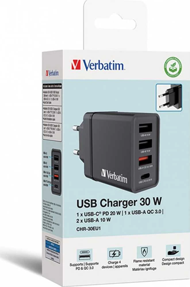Verbatim 30W Laidinis įkroviklis 3xUSB-A/USB-C PD 3.0 CHR-30EU2 juodos spalvos 49700