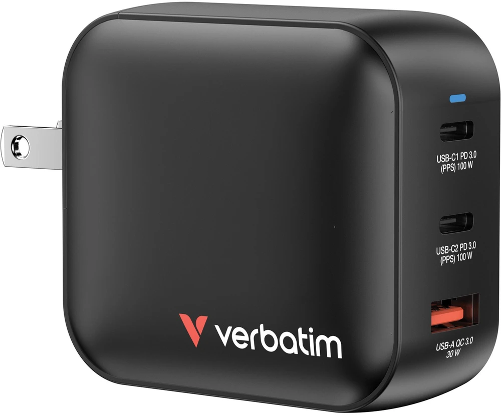Laidinis įkroviklis Verbatim Mini GaN 100W 2xUSB-C PD/1x USB-A QC juodos spalvos 32230