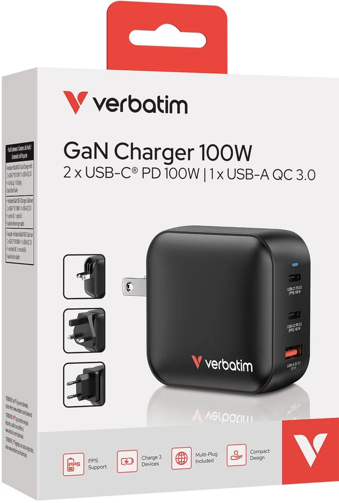 Laidinis įkroviklis Verbatim Mini GaN 100W 2xUSB-C PD/1x USB-A QC juodos spalvos 32230