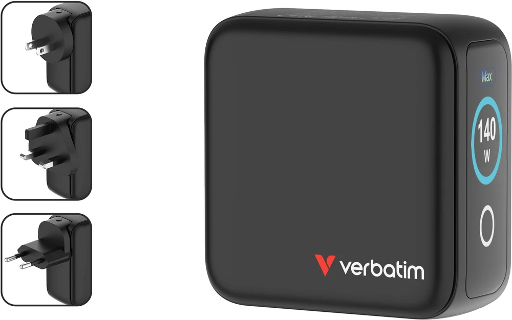 Verbatim Mini GaN Charger 140W with Ekranas, 3× USB-C PD, 1× USB-A QC 3.0, Juodas