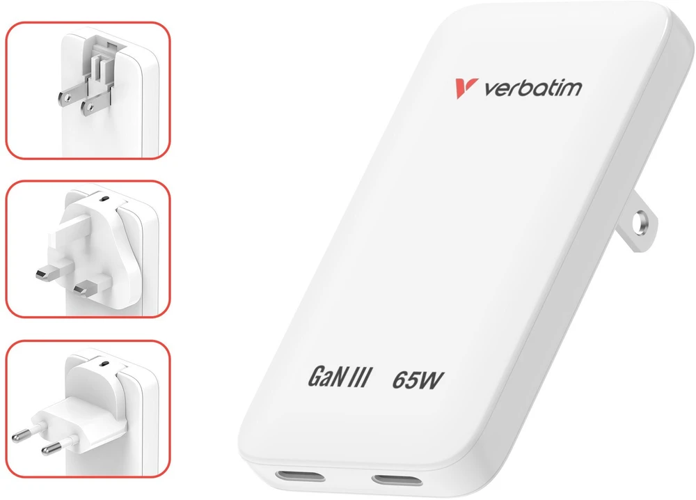 Verbatim, Įkroviklis Essentials Slim GaN USB-C1 PD 3.0 , USB-C2 PD 3.0, balta, 65W