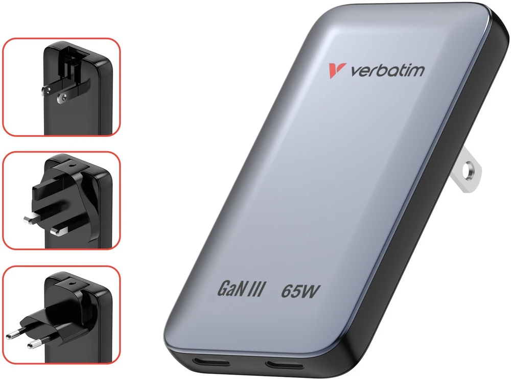 Verbatim, Įkroviklis Essentials Slim GaN USB-C1 PD 3.0 , USB-C2 PD 3.0, pilka, 65W