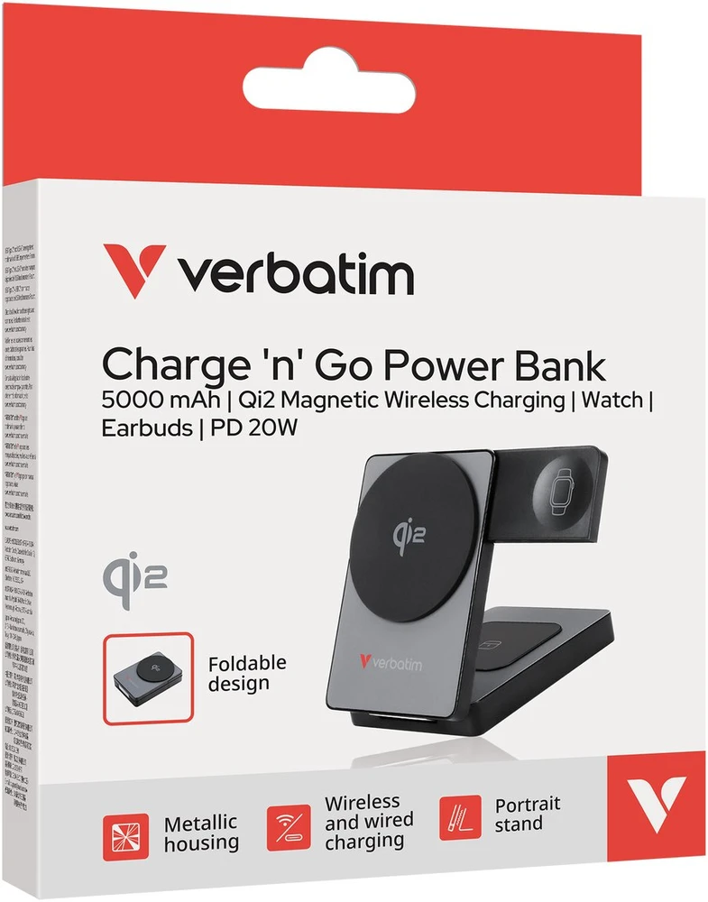 „Verbatim Charge ‘n’ Go Qi2 3-in-1“ magnetinė belaidė išorinė baterija, 5000 mAh, USB-C, Pilkas
