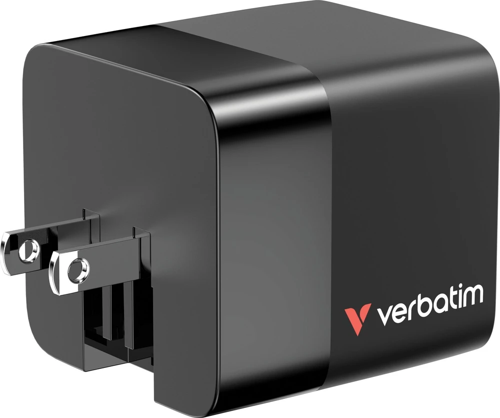 Verbatim GaN sieninis įkroviklis, 65 W, 2 prievadai, USB-C laidas, sulankstomas JAV kištukas su ES / JK adapteriais