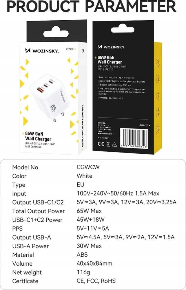 Wozinsky CGWCW 65W GaN sieninis įkroviklis USB-A / 2 x USB-C - Baltas