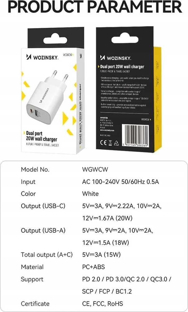 Įkroviklis Wozinsky (WGWCW) (1xUSB-C;1xUSB 3A 20W) baltas