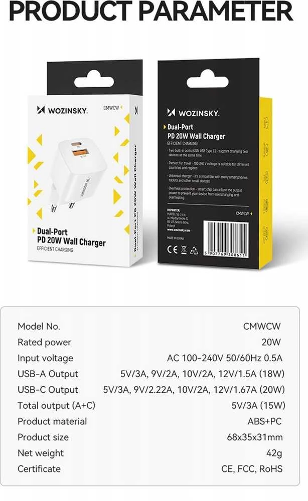 Wozinsky CMWCW 20W USB-C / USB-A laidinis įkroviklis – baltos spalvos