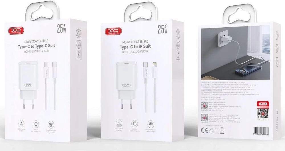 XO sieninis įkroviklis CE25 PD 25W 1x USB-C baltas + laidas USB-C – Lightning