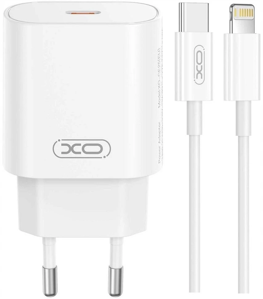 XO sieninis įkroviklis CE25 PD 25W 1x USB-C baltas + laidas USB-C – Lightning