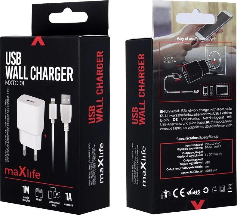 Maxlife MXTC-01 įkroviklis 1x USB 1A baltos spalvos + Lightning kabelis