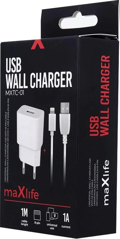 Maxlife MXTC-01 įkroviklis 1x USB 1A baltos spalvos + Lightning kabelis