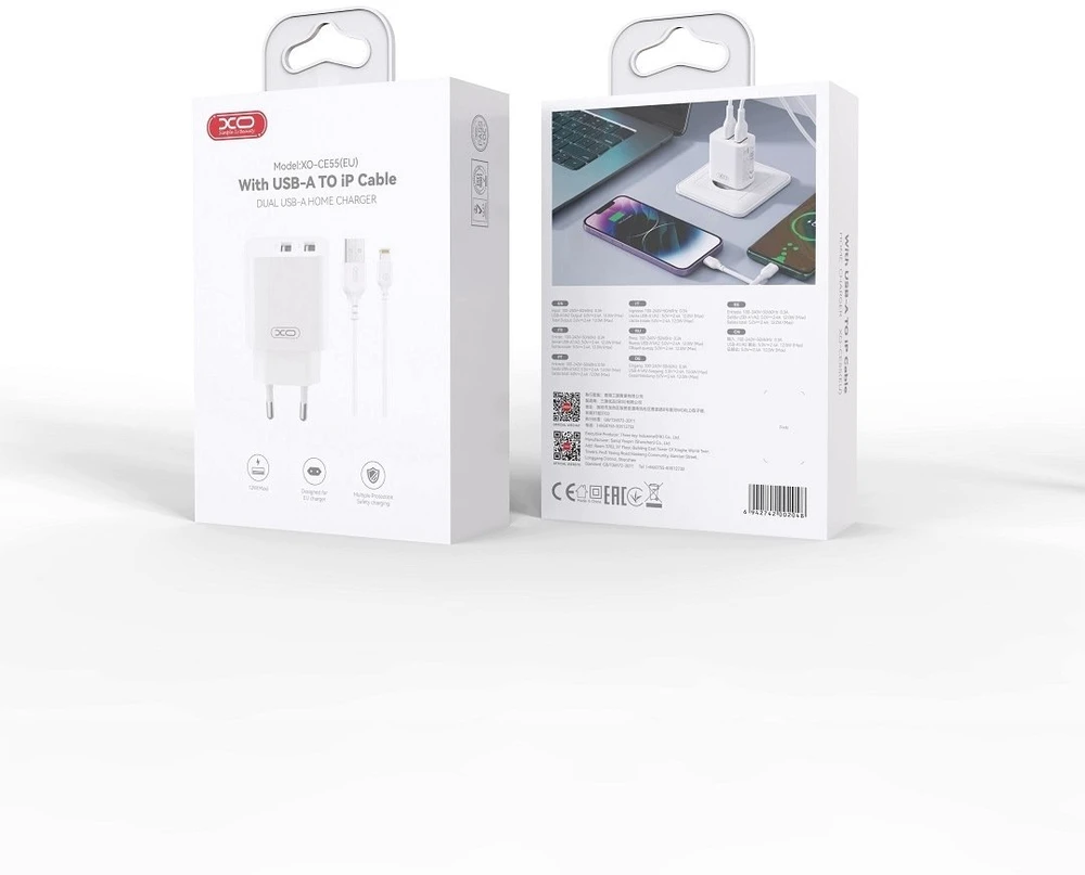 Įkroviklis XO Sieciowa 2x USB 2,4A balta + kabelis Lightning (CE55)