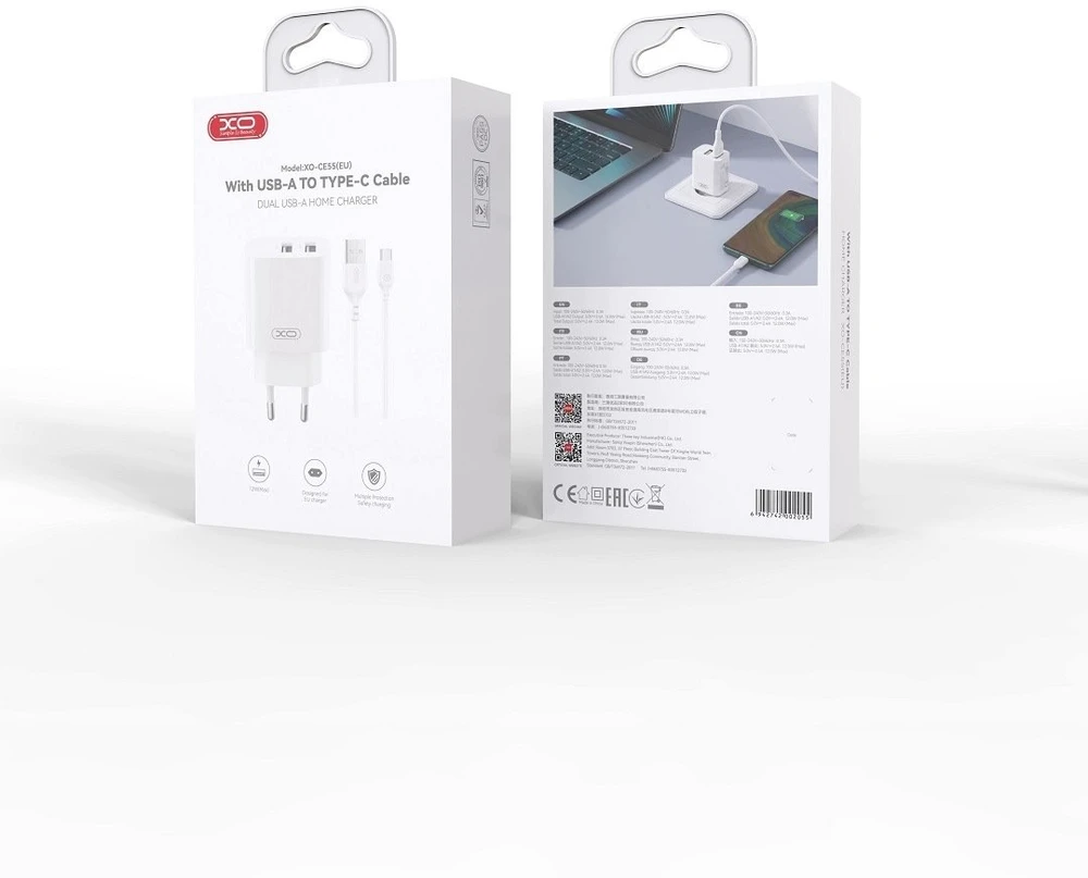 Įkroviklis XO Sieciowa 2x USB 2,4A balta + kabelis USB-C (CE55)