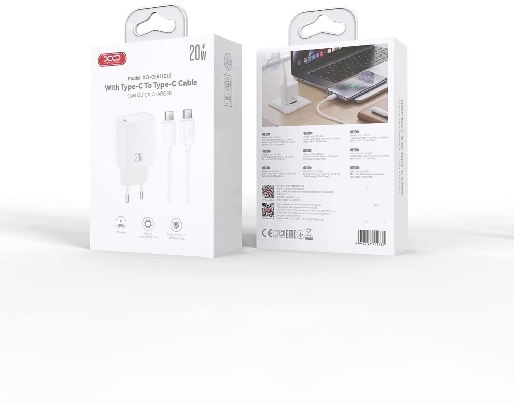 Įkroviklis XO Tinklo PD 20W 1x USB-C baltas + kabelis USB-C - USB-C (CE51)