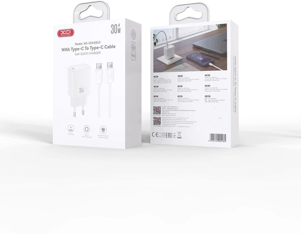 Įkroviklis XO Sieciowa PD 30W 1x USB-C balta + kabelis USB-C - USB-C (CE53)