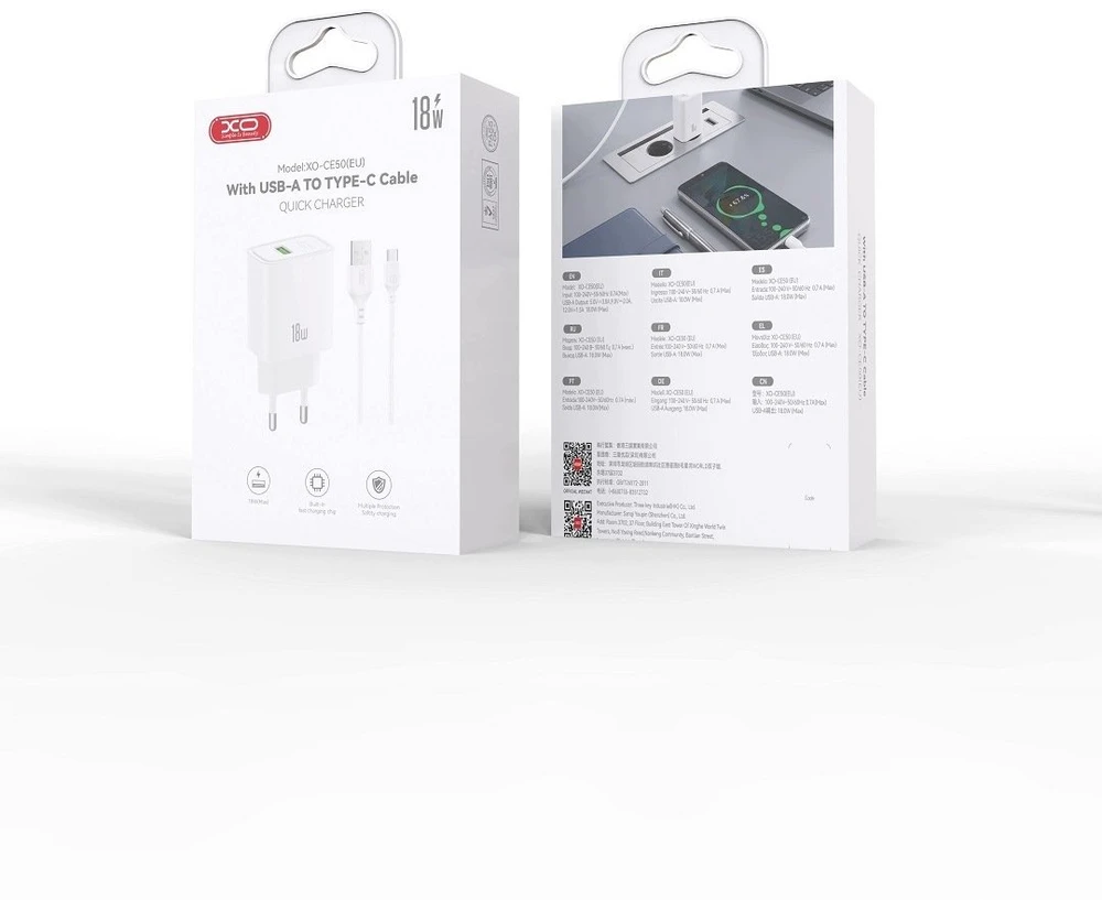 Įkroviklis XO Sieciowa QC 18W 1x USB balta + kabelis USB-C (CE50)
