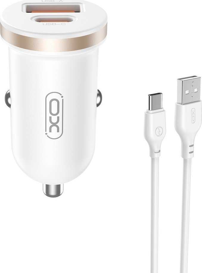 XO automobilinis įkroviklis CC56 PD 30W QC 1x USB 1x USB-C baltas + USB – USB-C laidas