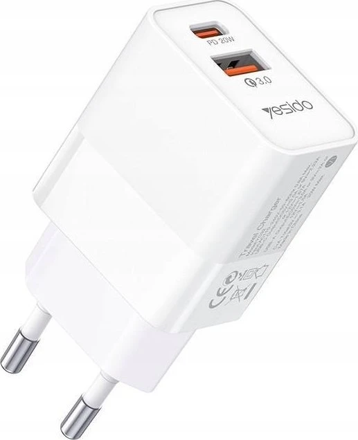 YESIDO SIENINIS ĮKROVIKLIS YC32 PD 20W QC3.0 USB-A+C Baltas