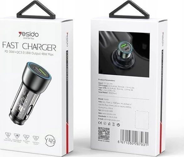 YESIDO AUTOMOBILINIS ĮKROVIKLIS Y49 PD 30W QC3.0 18W USB-A+C Juodas