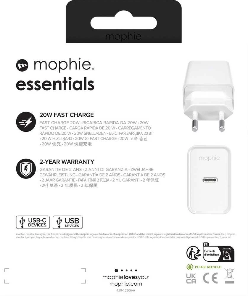 Mophie 20W PD įkroviklis su technine informacija