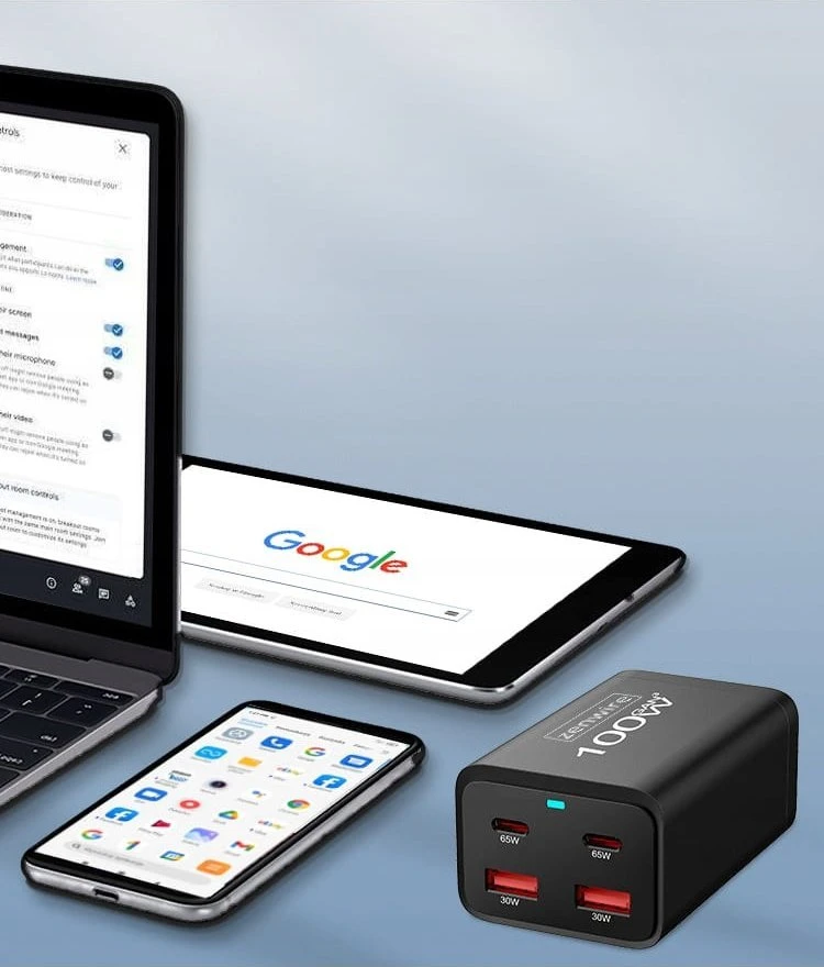 Įkroviklis Zenwire Įkroviklis Sieciowa Maitinimo šaltinis 100W Kostka GaN III Kabelis AC 2x USB-C 65W 2x USB-A YMS-608