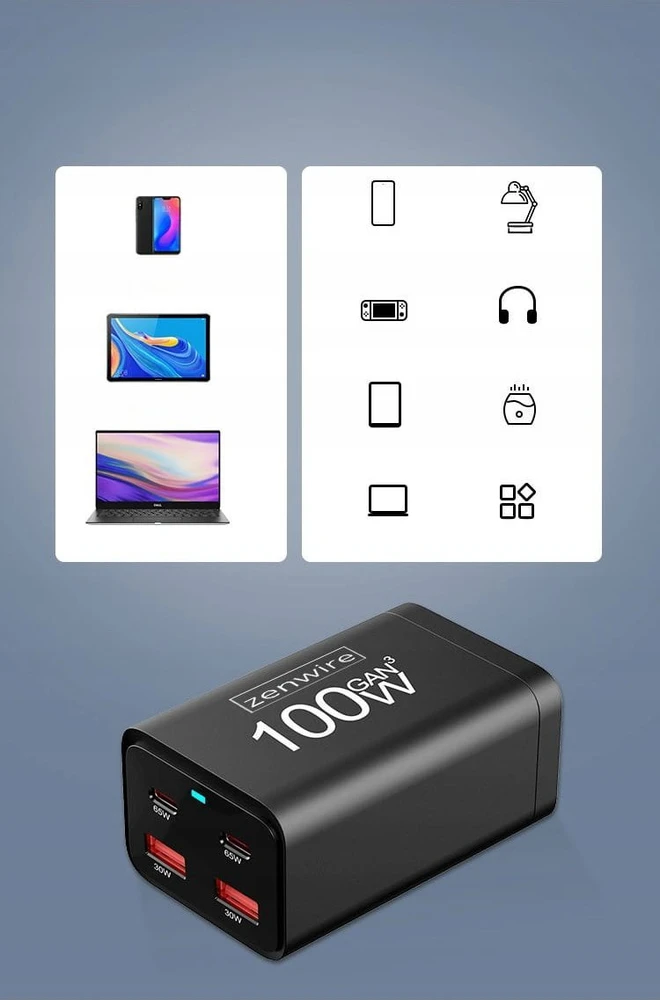 Įkroviklis Zenwire Įkroviklis Sieciowa Maitinimo šaltinis 100W Kostka GaN III Kabelis AC 2x USB-C 65W 2x USB-A YMS-608