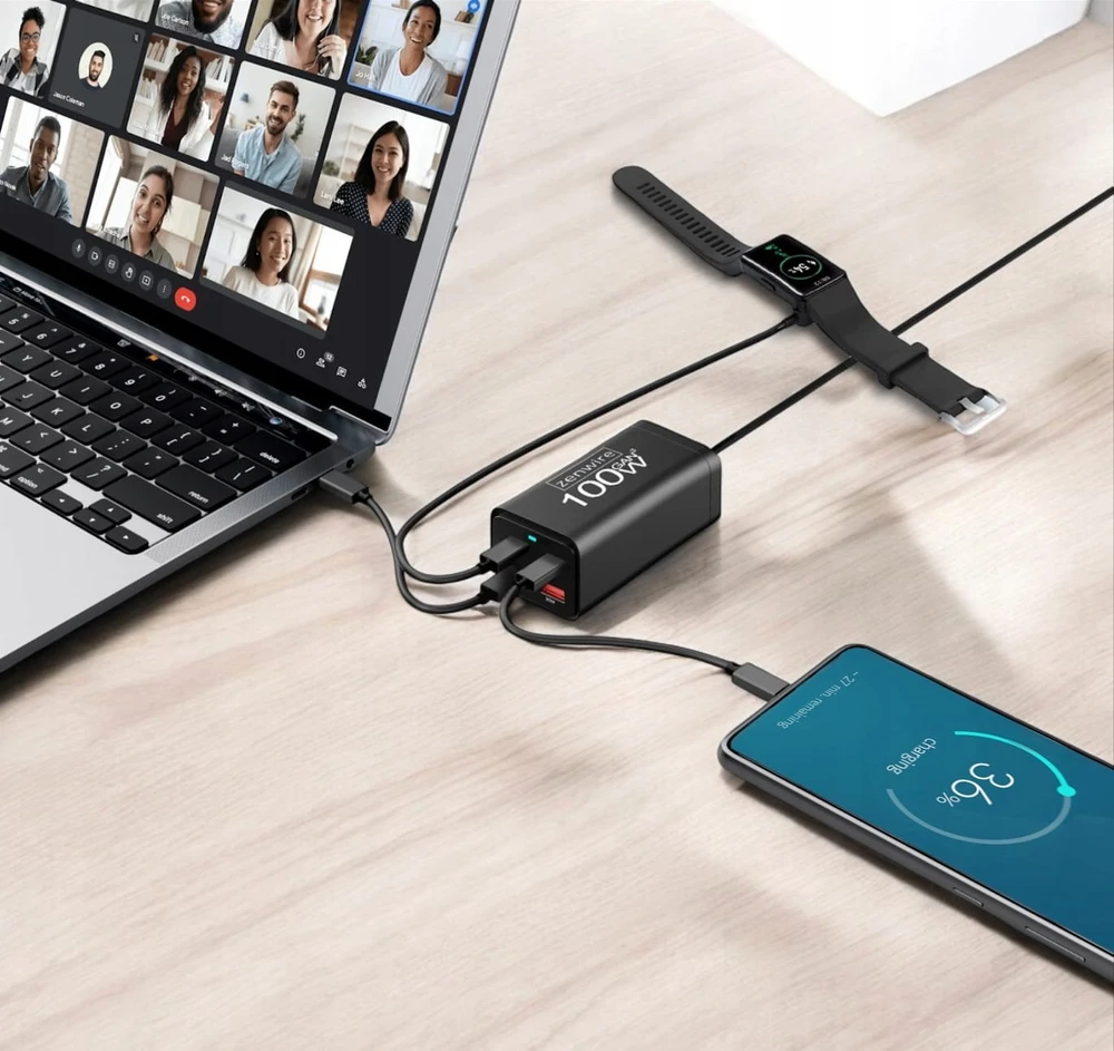 Įkroviklis Zenwire Įkroviklis Sieciowa Maitinimo šaltinis 100W Kostka GaN III Kabelis AC 2x USB-C 65W 2x USB-A YMS-608