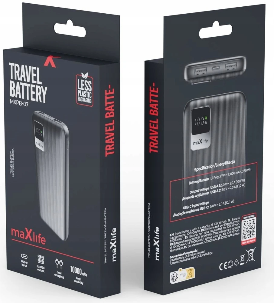Maxlife išorinė baterija MXPB-07 10000 mAh juoda