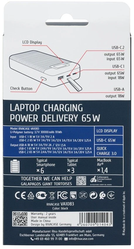 Importuoti išoriniai akumuliatoriai USB 30000MAH/VA1083 RIVACASE