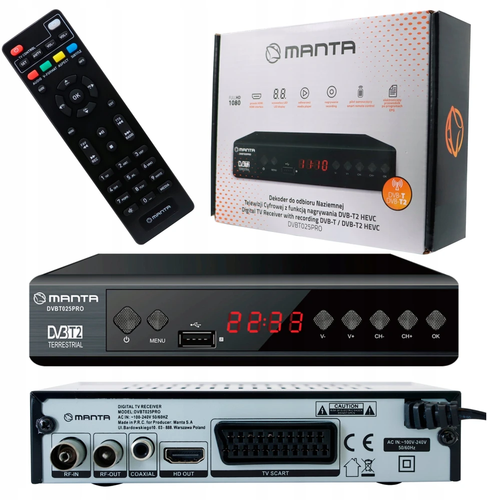 Imtuvas TV Manta Imtuvas DEKODER DVBT2 DVBT 2 TV NAZIEMNEJ Pultas FHD HEVC H.265 HDMI PVR USB