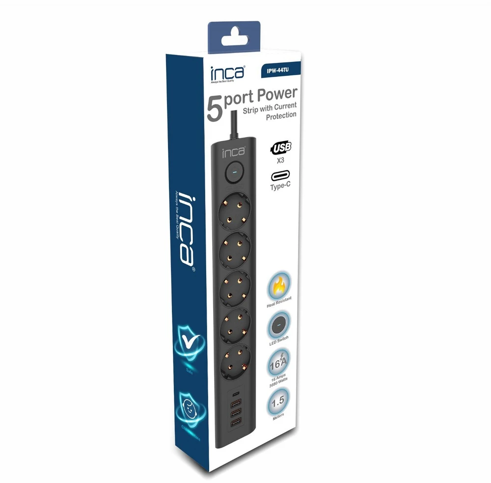 Inca INCA maitinimo blokas IPW-44TU 5 lizdų 3xUSB-A+1xUSB-C 1.5m