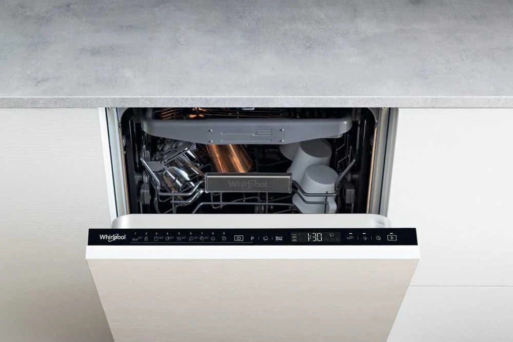 WHIRLPOOL Indaplovė WSIP4O33PFE, D energijos klasė (senas A+++), 45 cm, Powerclean PRO, Trečias krepšelis, 9 programos