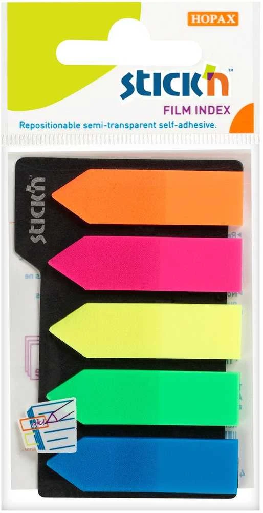 Stickxb4N Plastikiniai žymekliai Stick´N 21143, 42x12mm, strėlytės formos, 5 ryškios spalvos po 25vnt.,blisteryje