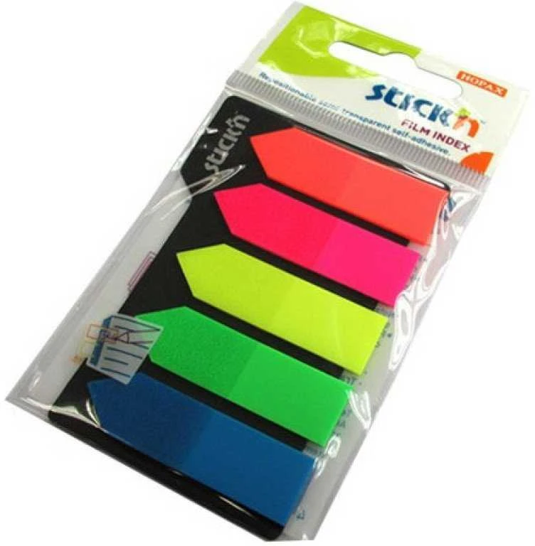 Stickxb4N Plastikiniai žymekliai Stick´N 21143, 42x12mm, strėlytės formos, 5 ryškios spalvos po 25vnt.,blisteryje