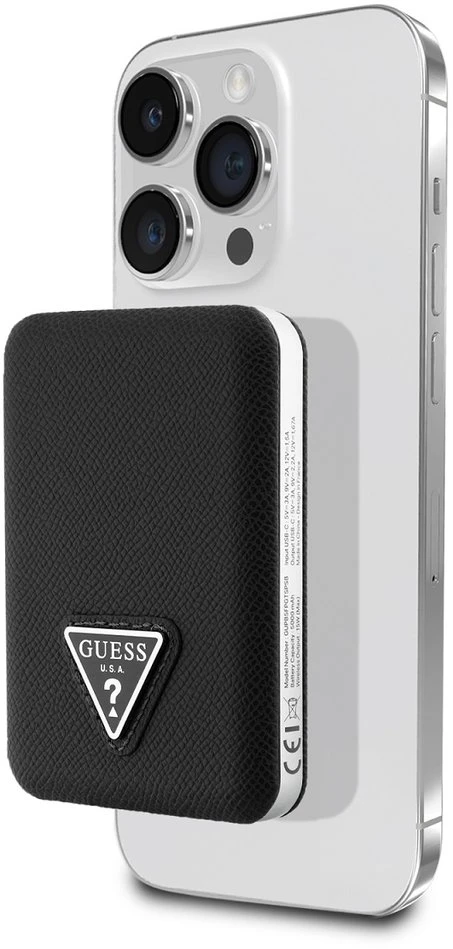 Išorinė baterija „Guess Grained Triangle“ 5000mAh 15W USB-C MagSafe indukcinis juodas