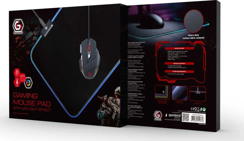 GEMBIRD MP-GAMELED-M Pelės kilimėlis žaidimai su LED šviesos efektu M dydis 250 x 350 mm
