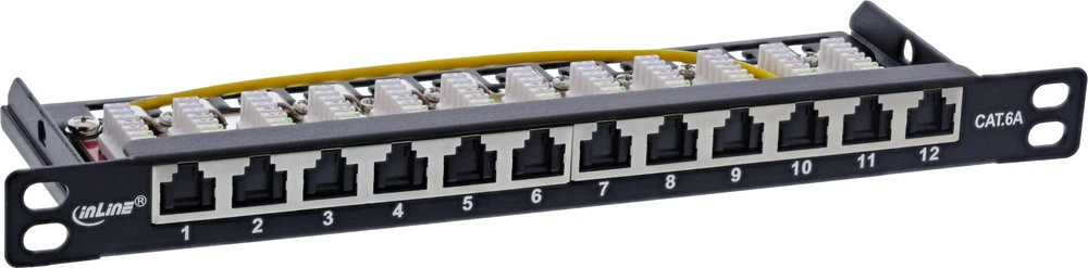 InLine® 10'' pach panel Cat.6A 0.5U 12 prievadų, su apsauga nuo dulkių, juodas