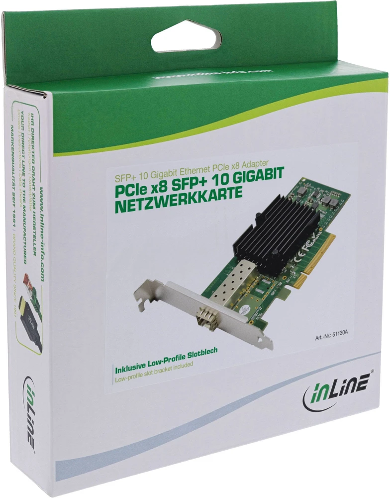 „InLine®“ 10 gigabitų tinklo adapteris, 1x SFP+, PCIe x8, įskaitant žemo profilio pagrindinę plokštę