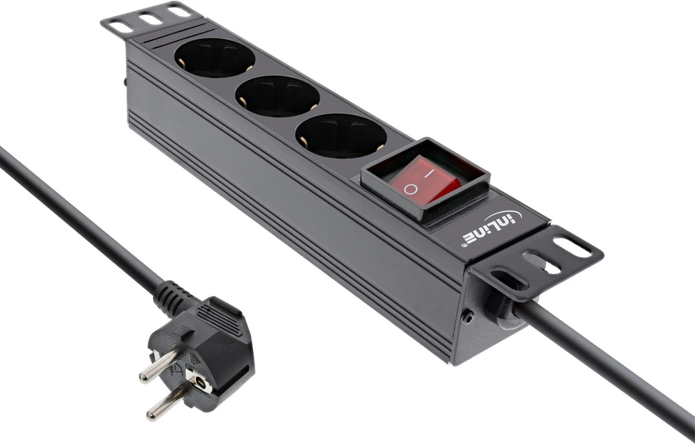 InLine® 10'' PDU, 3 lizdų apsauginis kištukinis blokas, su jungikliu, 2 m, juodas