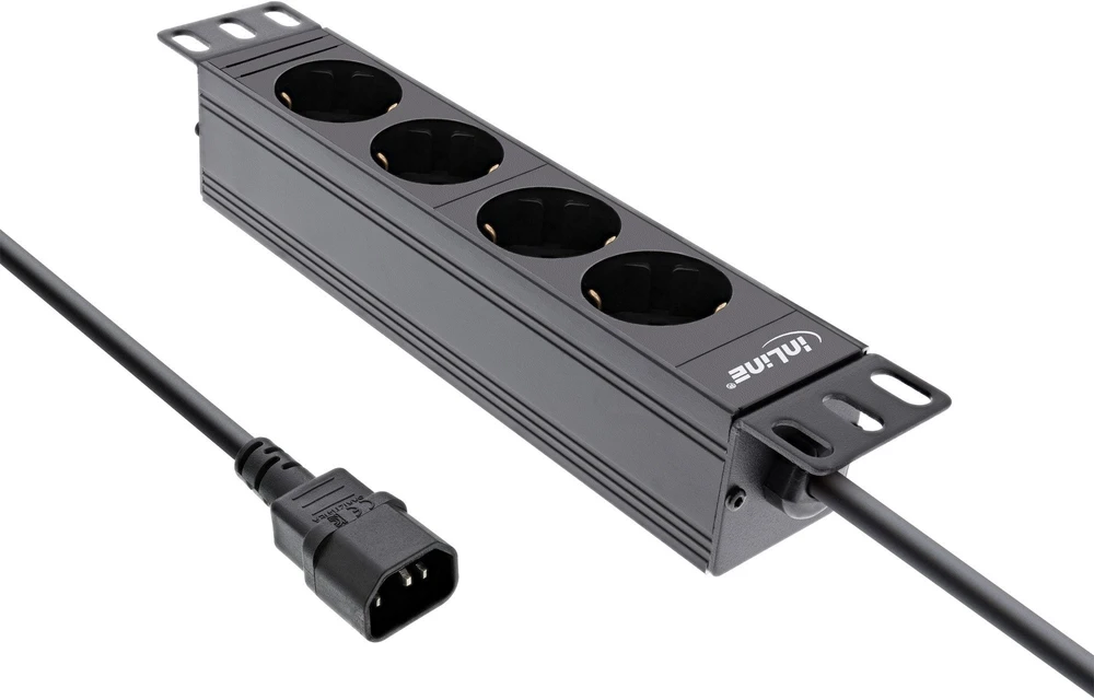 InLine® 10 colių lizdų juosta, 4 vietų apsauginis kontaktas, C14 jungtis, be jungiklio