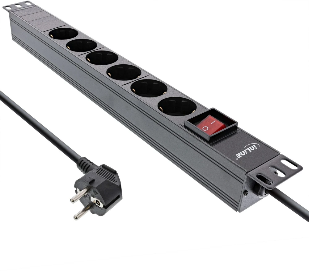 InLine® 19'' lizdų blokas, 6 vietų apsauginis kontaktas, su jungikliu, 2 m, juodas