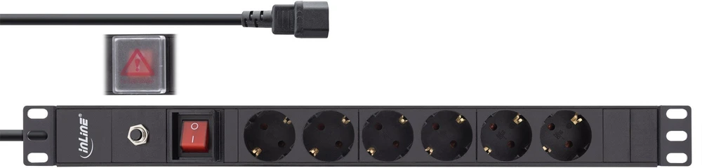InLine® 19'' kištukų blokas, 6 vietų apsauginio kontakto, C14 jungtis, apsauga nuo perkrovos, jungiklis, 2 m, juodas