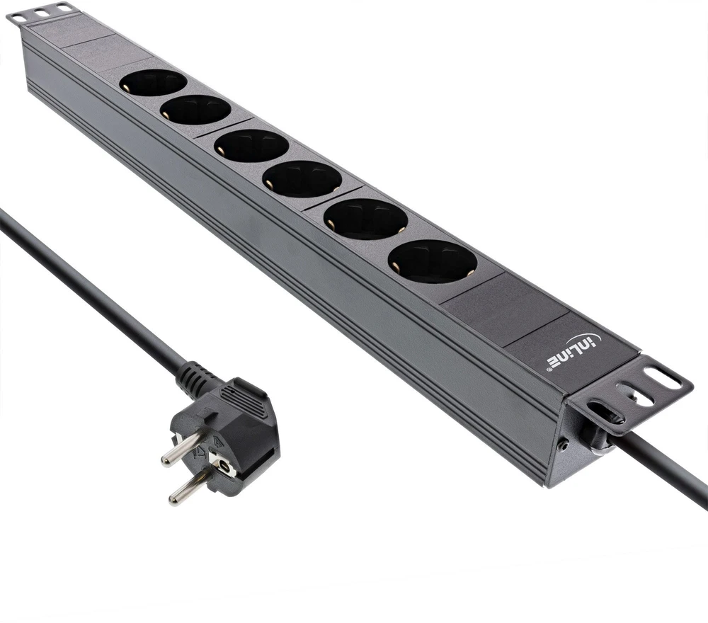 InLine® 19'' lizdų blokas, 6 vietų apsauginis kontaktas, be jungiklio, 2 m, juodas