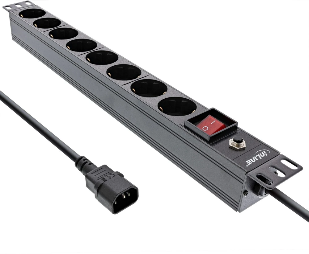 InLine® 19'' lizdų blokas, 8 vietų CEE7/7, C14 kištukas, apsauga nuo perkrovos