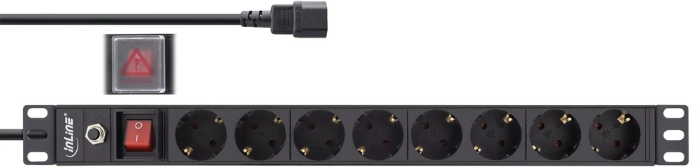 InLine® 19'' lizdų blokas, 8 vietų CEE7/7, C14 kištukas, apsauga nuo perkrovos