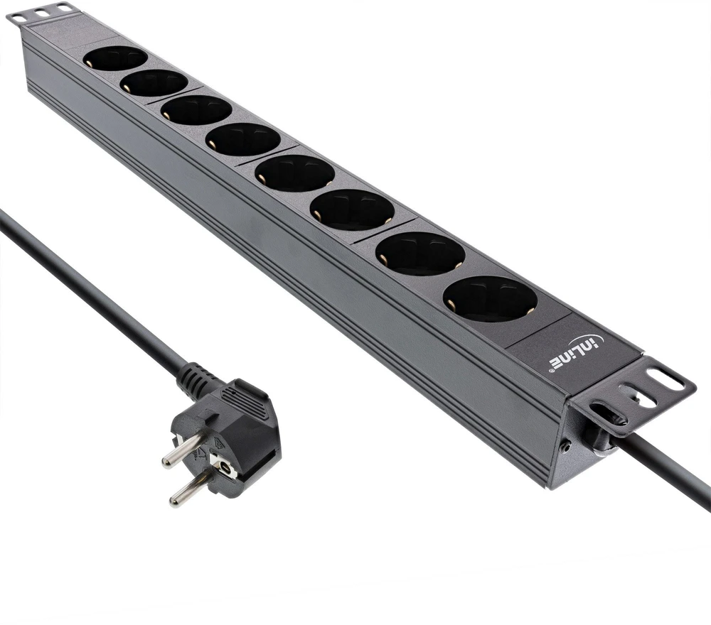 InLine® 19'' lizdų blokas, 8 vietų apsauginis kontaktas, be jungiklio, 2 m, juodas
