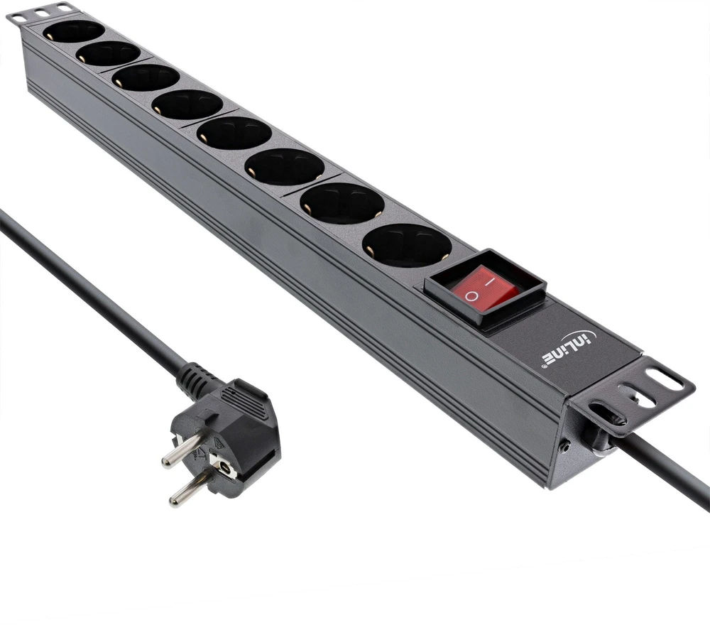 InLine® 19'' lizdų juosta, 9 vietų apsauginis kontaktas, su jungikliu, 2 m, juoda