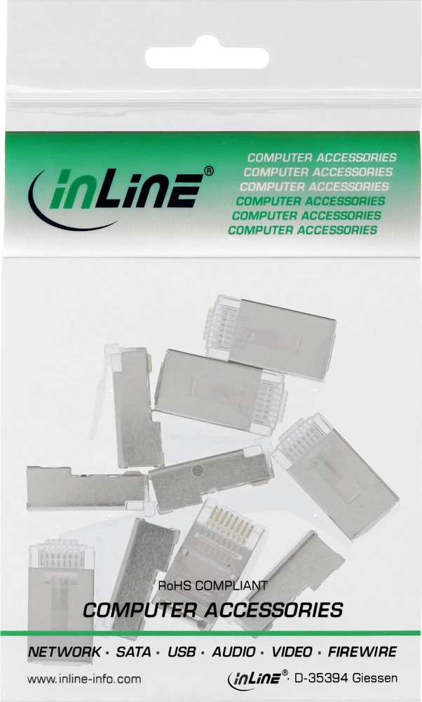 InLine® 8P8C RJ45 ekranuotos jungtys apvaliems kabeliams, 100 vnt. Pakuotė