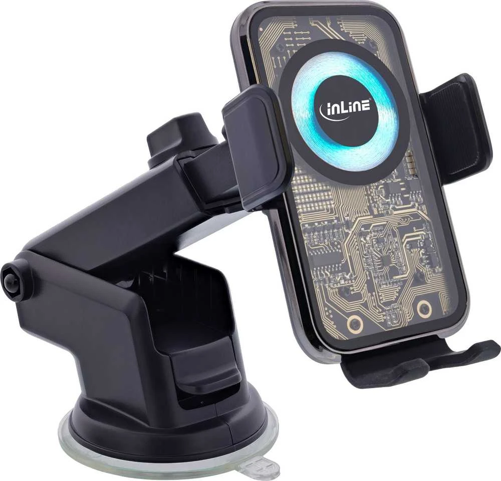 InLine® automobilinis išmaniojo telefono laikiklis, ONE TOUCH QI 2, universalus, belaidis įkroviklis