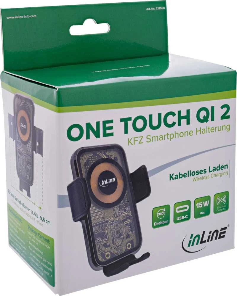 InLine® automobilinis išmaniojo telefono laikiklis, ONE TOUCH QI 2, universalus, belaidis įkroviklis
